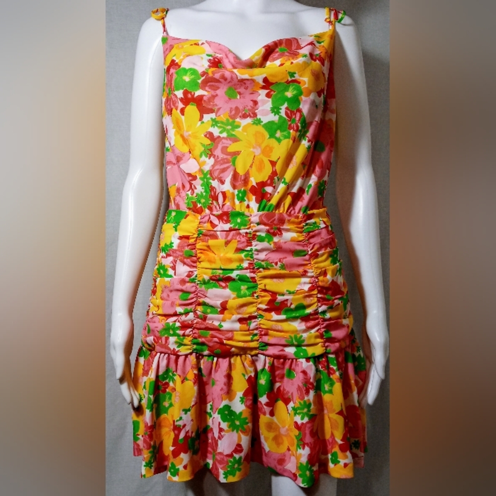 For Love & Lemons Floral Ruched Mini Dress